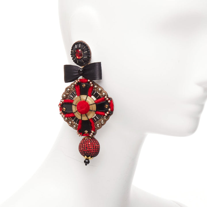 RANJANA KHAN red black ethnic bow crystal ball dangling clip on earrings