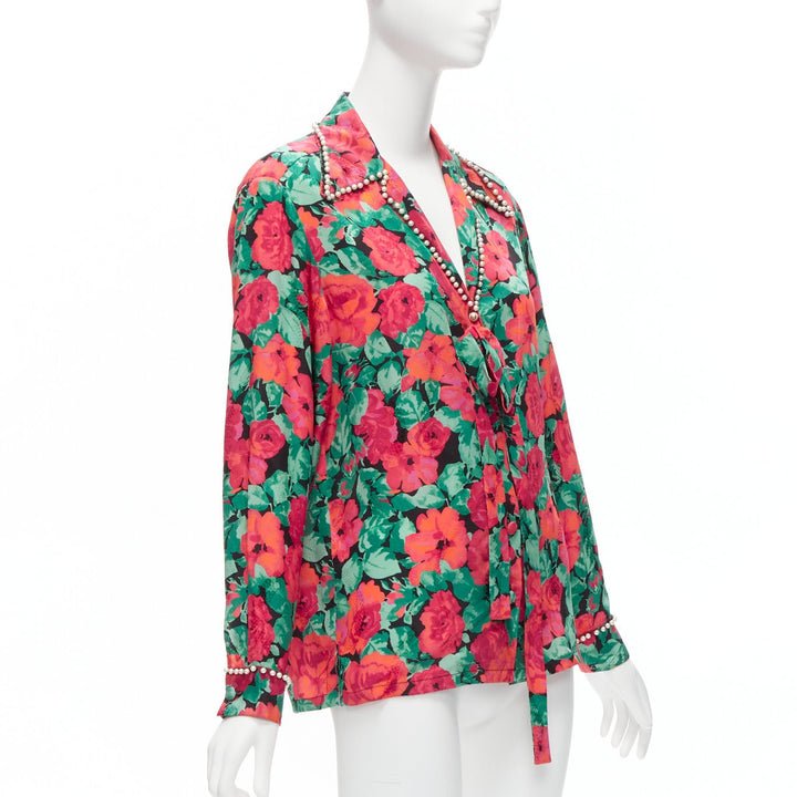 GUCCI ALESSANDRO MICHELE 2016 red green floral GG pearl bow silk shirt IT38 XS