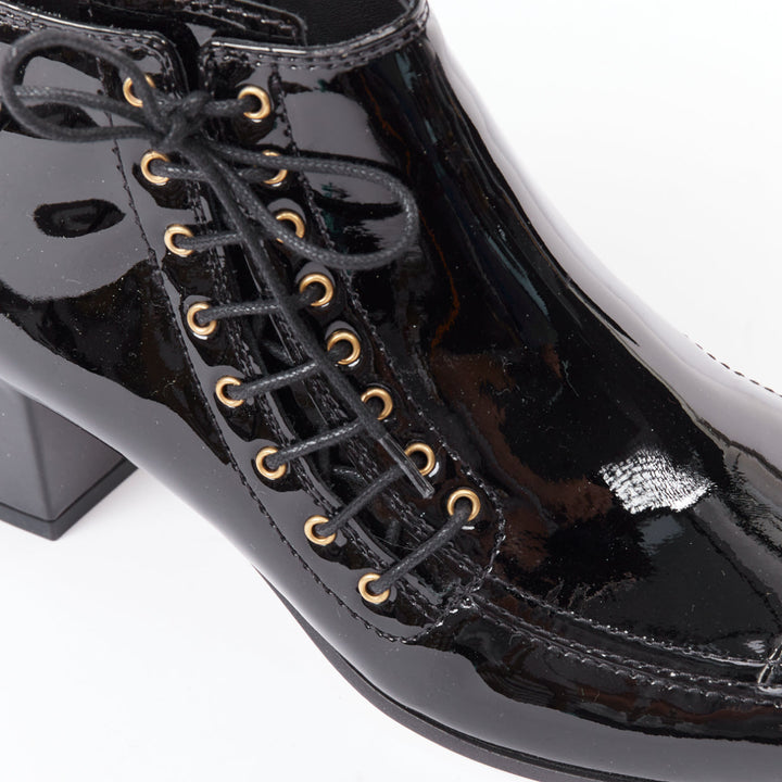 CHANEL 15A Paris-Salzburg Runway black patent gold CC lace-up ankle booties EU39