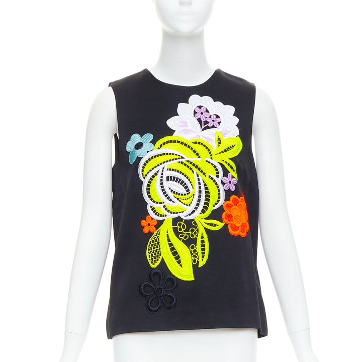 CHRISTOPHER KANE 2016 black neon floral embroidered front vest top UK12 L