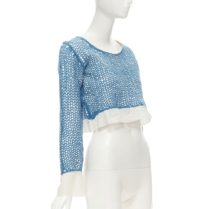 COMME DES GARCONS 1980's Vintage blue wool weave embroidered cropped top M