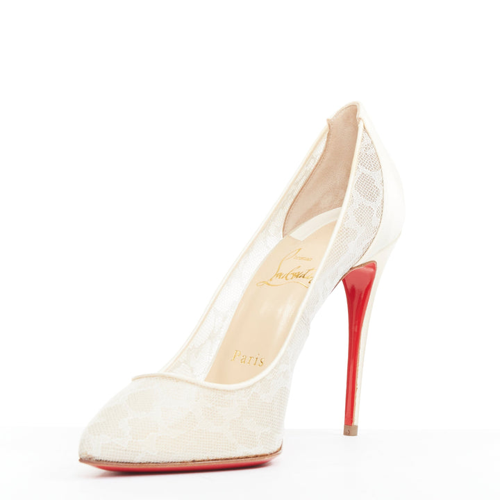 CHRISTIAN LOUBOUTIN Pigalace 100 Dentelle Nuage Crepe ivory satin heels EU37.5