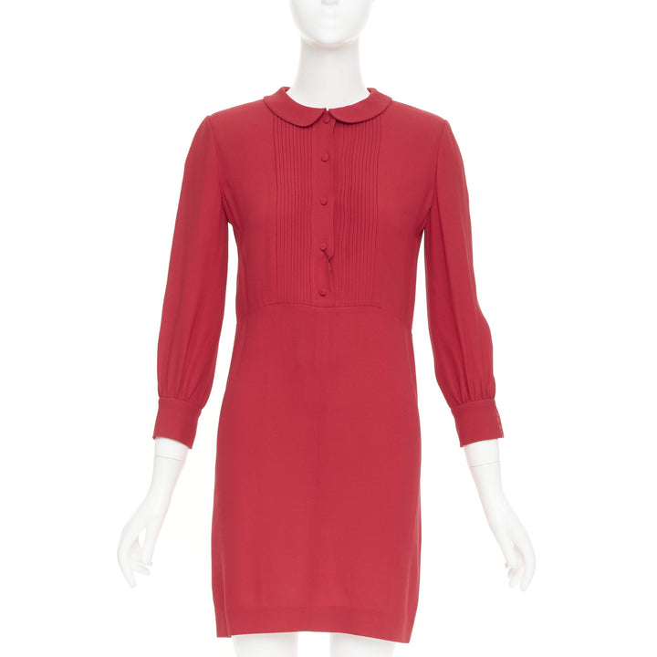SAINT LAURENT 2013 red crepe pleated front peter pan collar mini dress FR34 XS