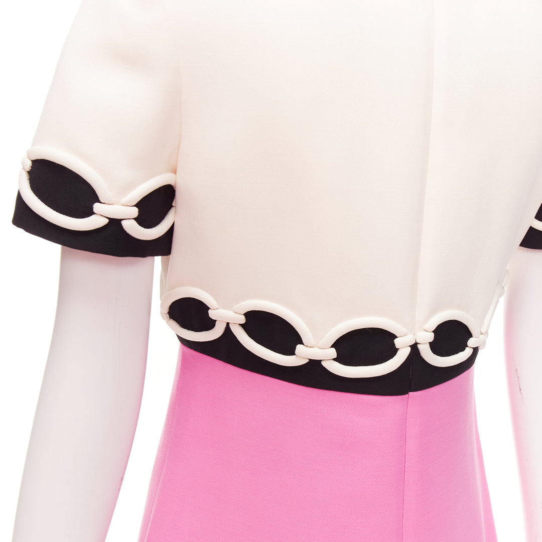 VALENTINO cream pink chain applique short fit flare crepe dress IT40 S