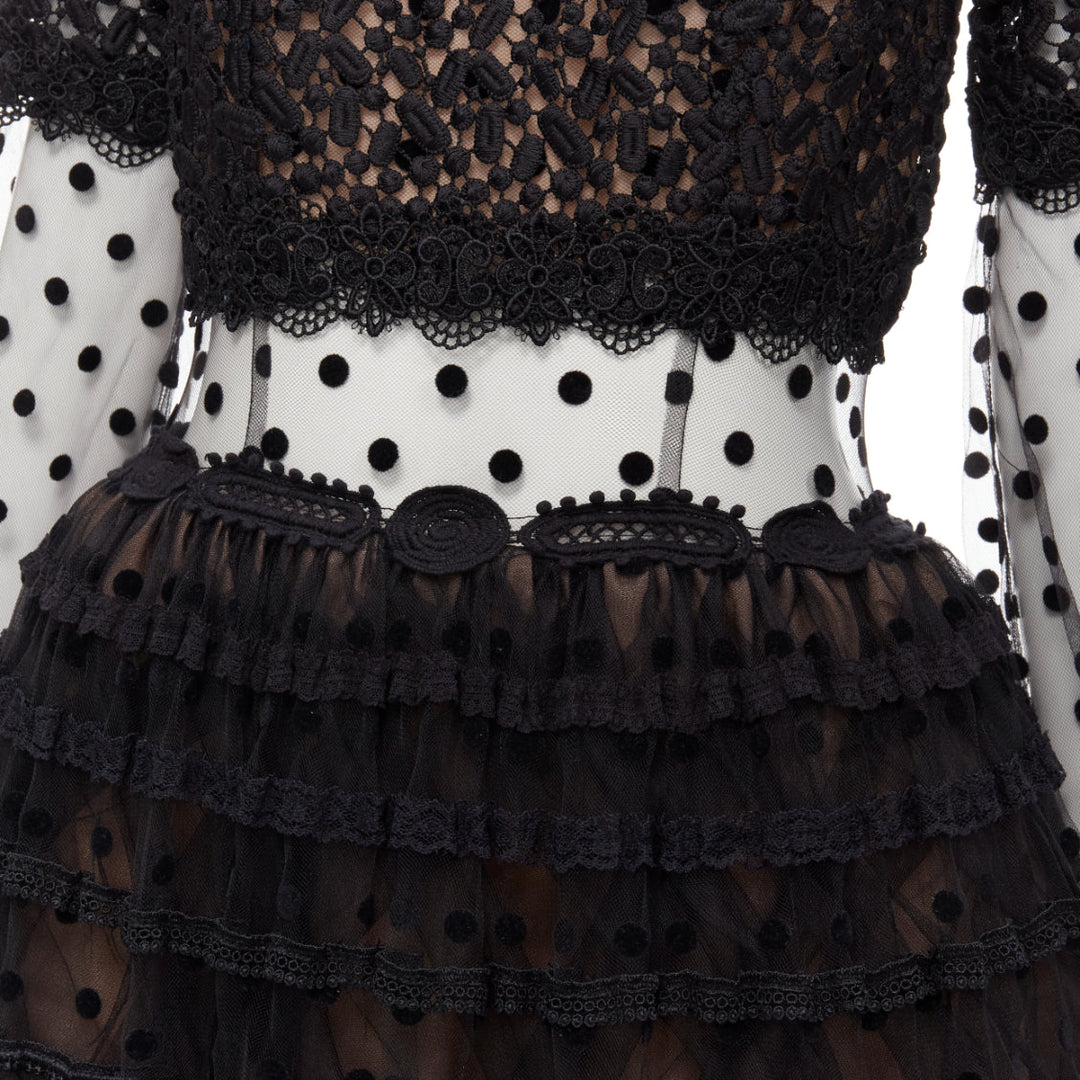 COSTARELLOS black polka dot devore embroidery trim tulle gown dress FR38 M