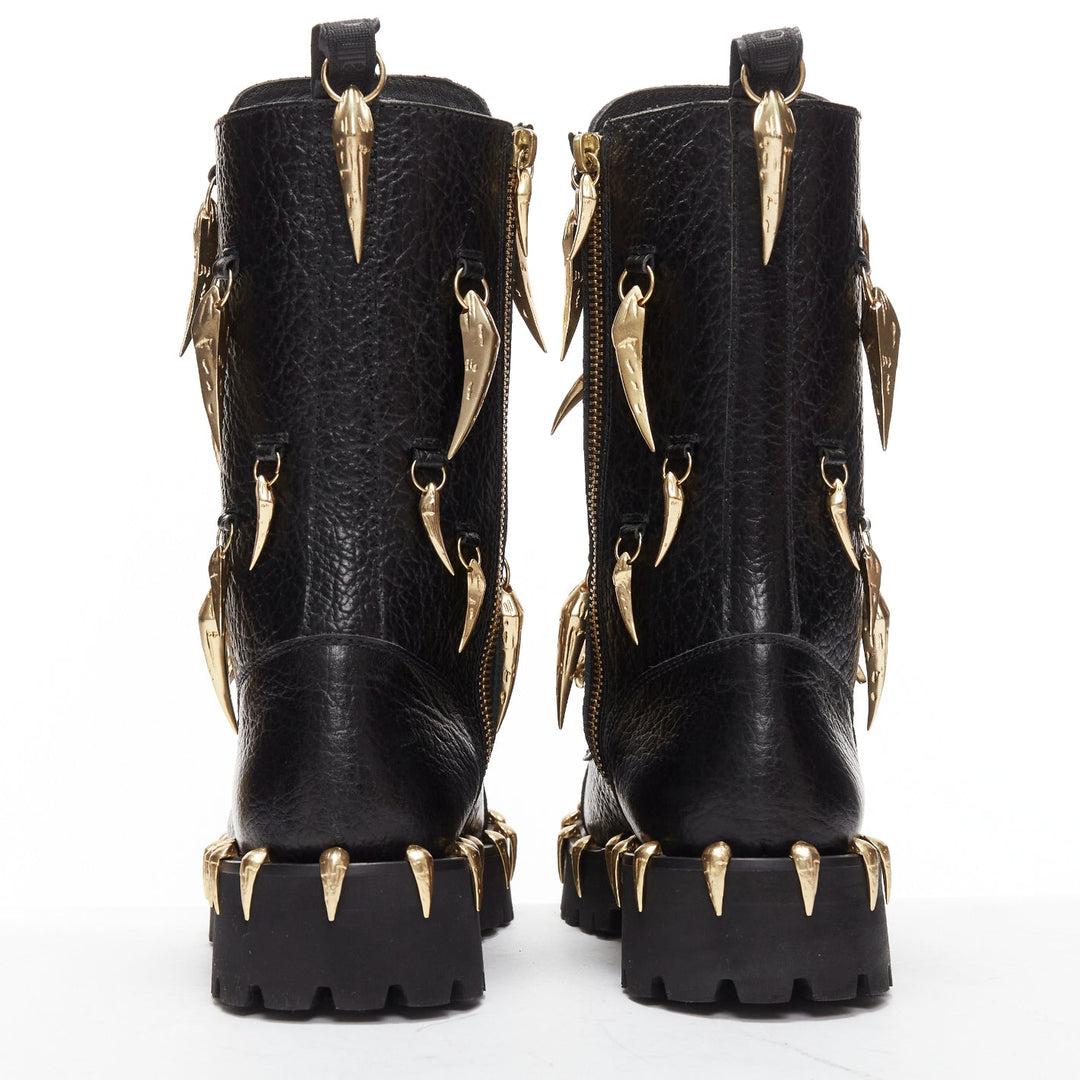 ROBERTO CAVALLI 2022 gold horn charm embellished black combat boots EU39