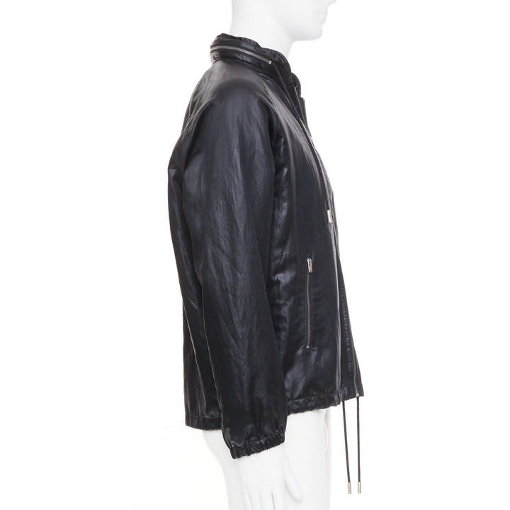 SAINT LAURENT 2018 crinkled coated drawstring zip up blouson jacket FR 46 S
