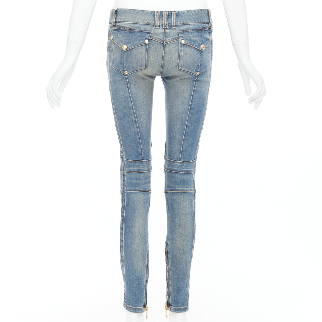 BALMAIN blue faded washed ribbed denim moto biker jeans FR36 S