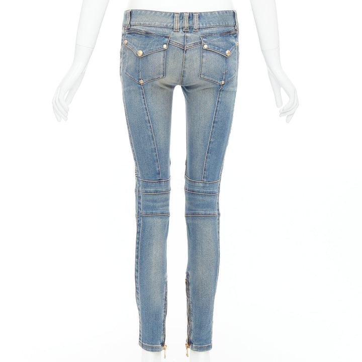 BALMAIN blue faded washed ribbed denim moto biker jeans FR36 S