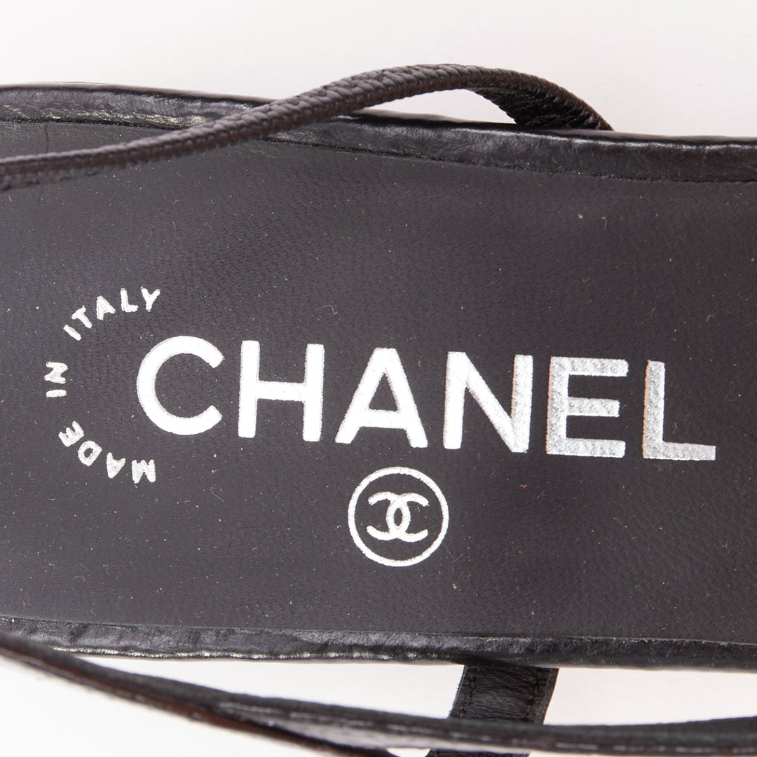 CHANEL two tone gunmetal cap toe black texture leather CC slingback flats EU38.5