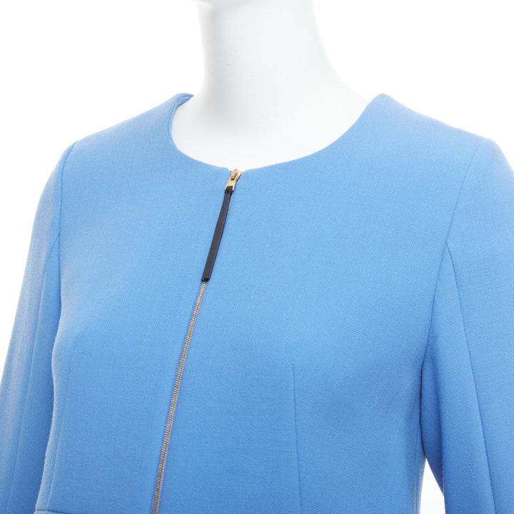 MARNI sky blue virgin wool zip front peplum crew neck coat IT40 S