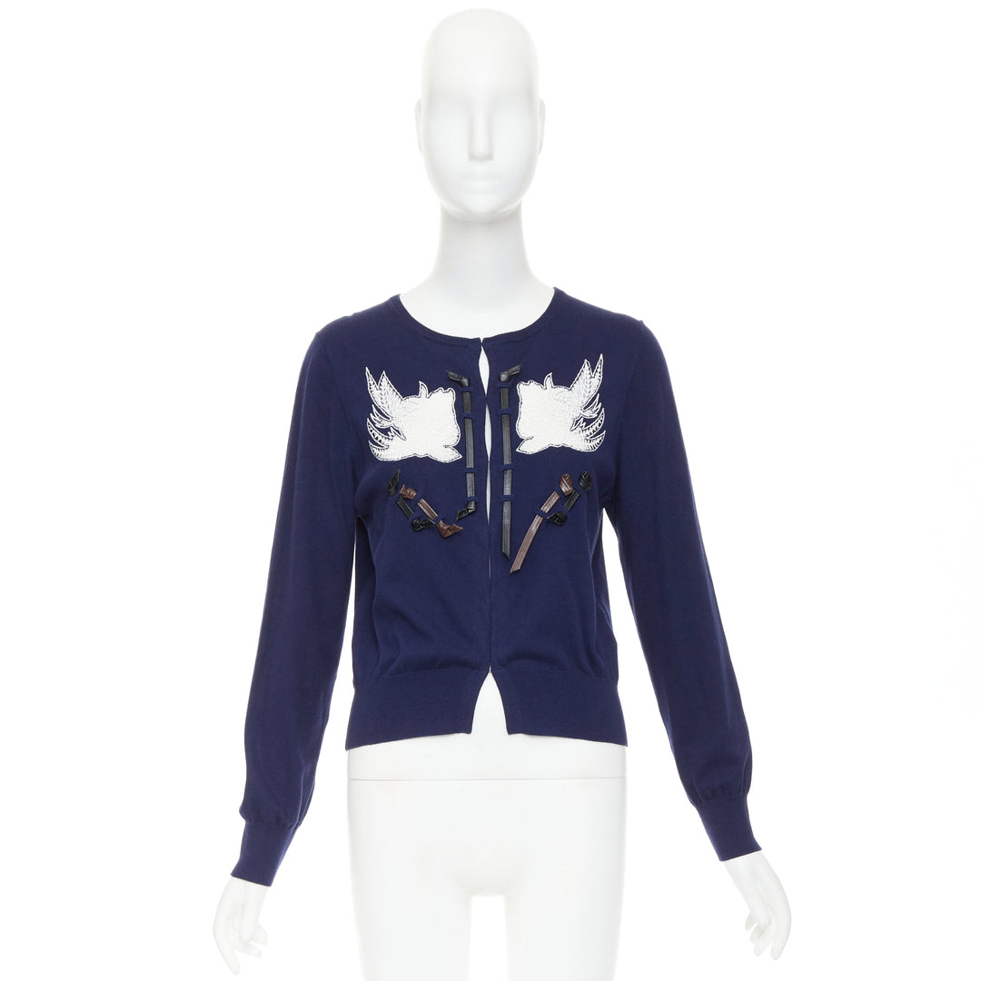 TOGA ARCHIVES PULLA Swallow Anglais navy cotton black leather cardigan IT40 S