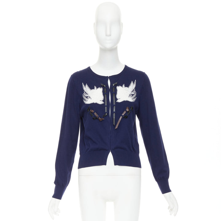 TOGA ARCHIVES PULLA Swallow Anglais navy cotton black leather cardigan IT40 S