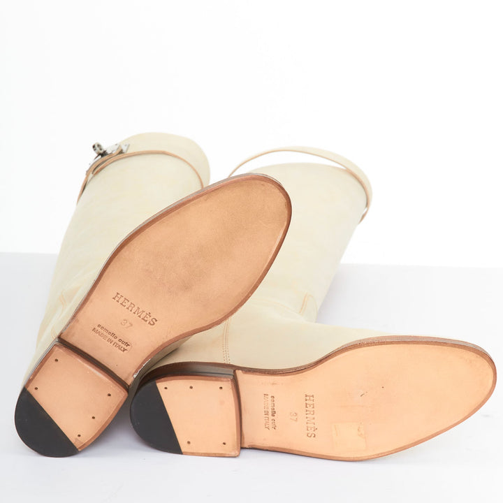 HERMES Jumping Supple light beige suede PHW Kelly buckle riding boots EU37