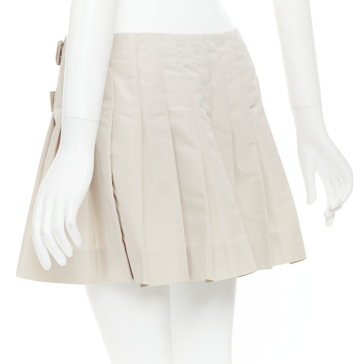PRADA 2010 Vintage grey silk blend pleated leather buckles mini skirt IT42 M