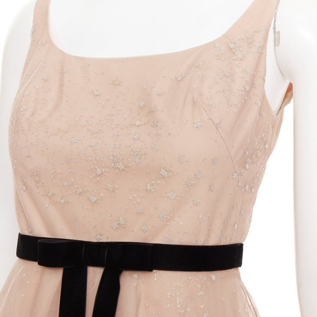 MARCHESA NOTTE blush pink glitter tulle black velvet bow tea length gown US2 S