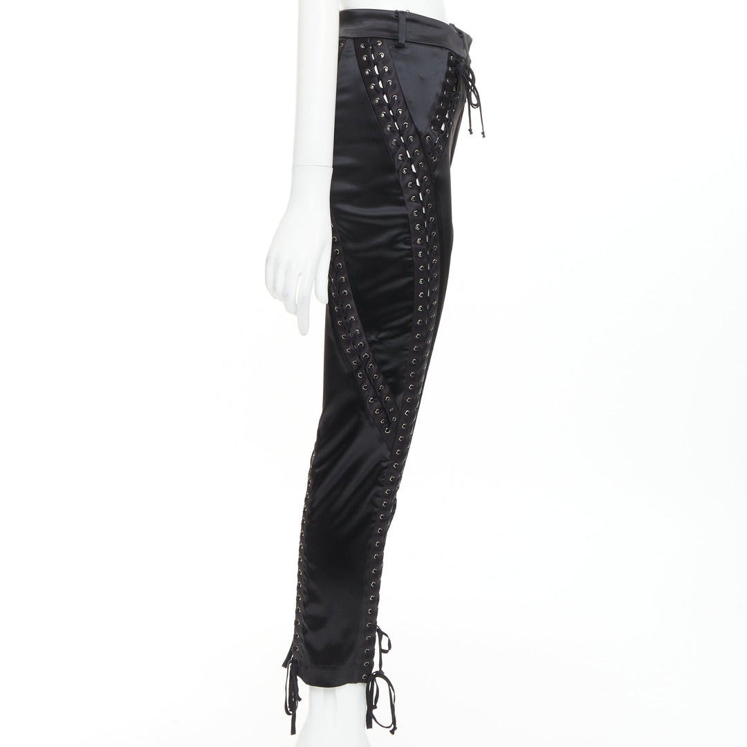 DOLCE GABBANA black satin eyelet corset lace detail cropped skinny pants IT38 XS