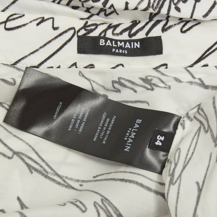 BALMAIN 2025 Love Letter Print pussybow tie neck white black blouse FR34 XS