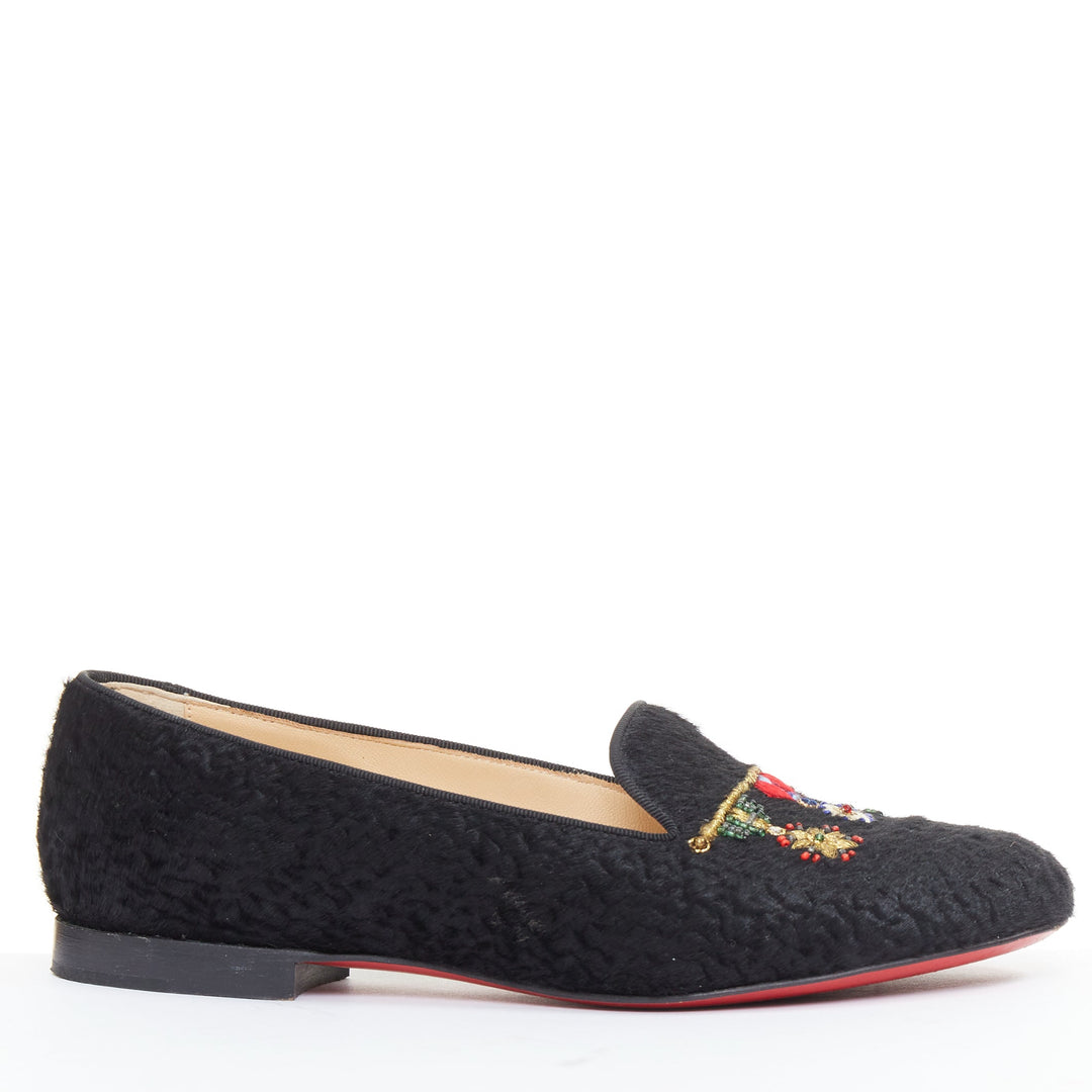 CHRISTIAN LOUBOUTIN Dictateur persian lamb fur Medallion embroidered flats EU37