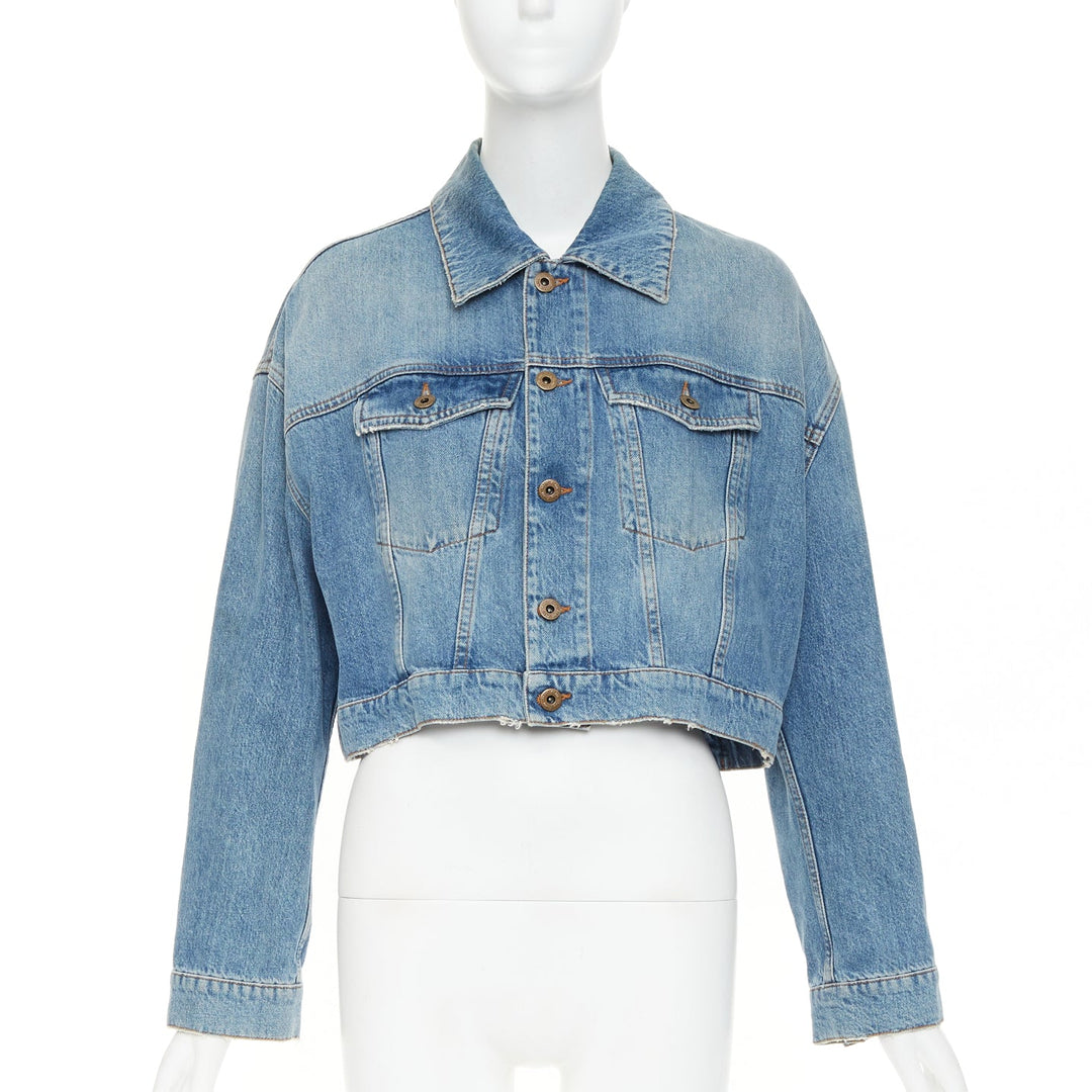 MIU MIU 2020 blue washed denim hand painted daisy floral cropped jacket IT36 XXS