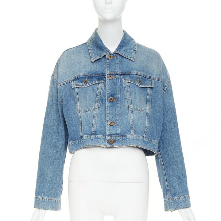 MIU MIU 2020 blue washed denim hand painted daisy floral cropped jacket IT36 XXS