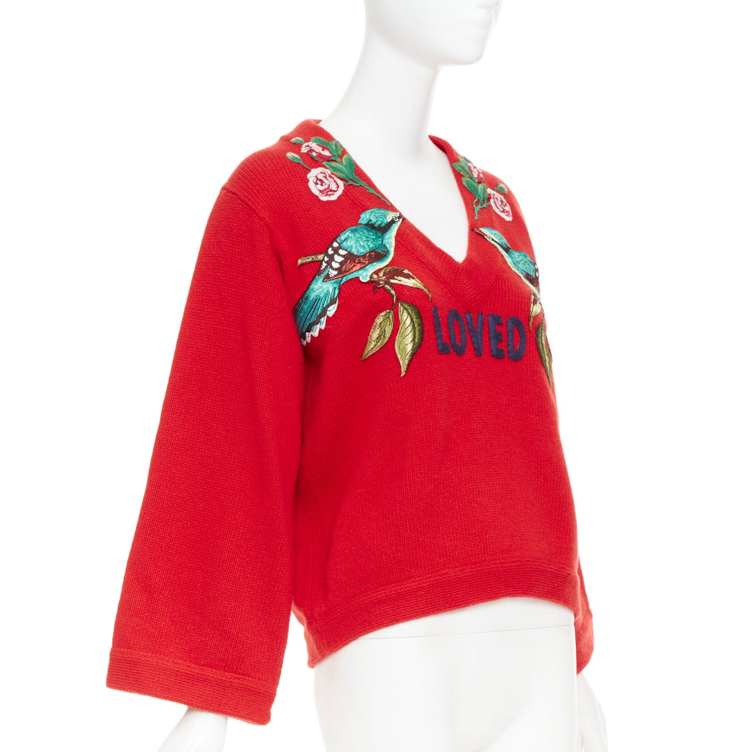 GUCCI 2017 Runway red wool Loved Bird floral embroidered  red wool sweater S
