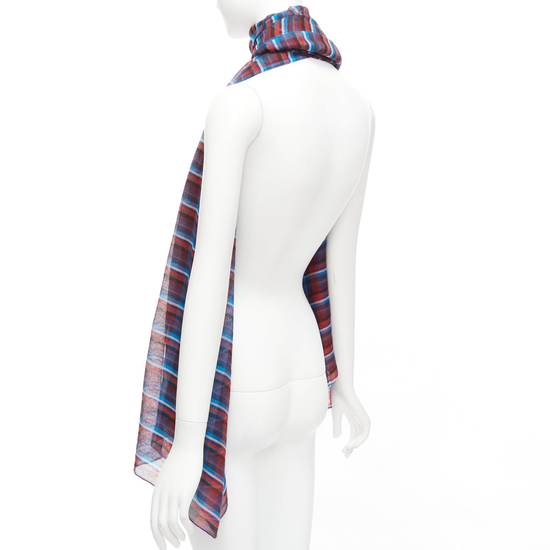 HERMES blue red checkered cashmere silk long wrap rectangular scarf