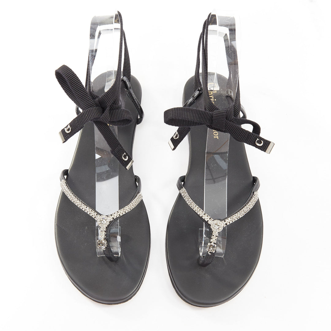 CHRISTIAN DIOR 2023 Runway Sunset black leather crystal wrap sandals EU37.5