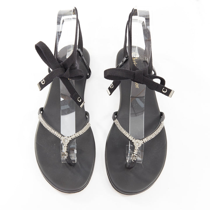 CHRISTIAN DIOR 2023 Runway Sunset black leather crystal wrap sandals EU37.5