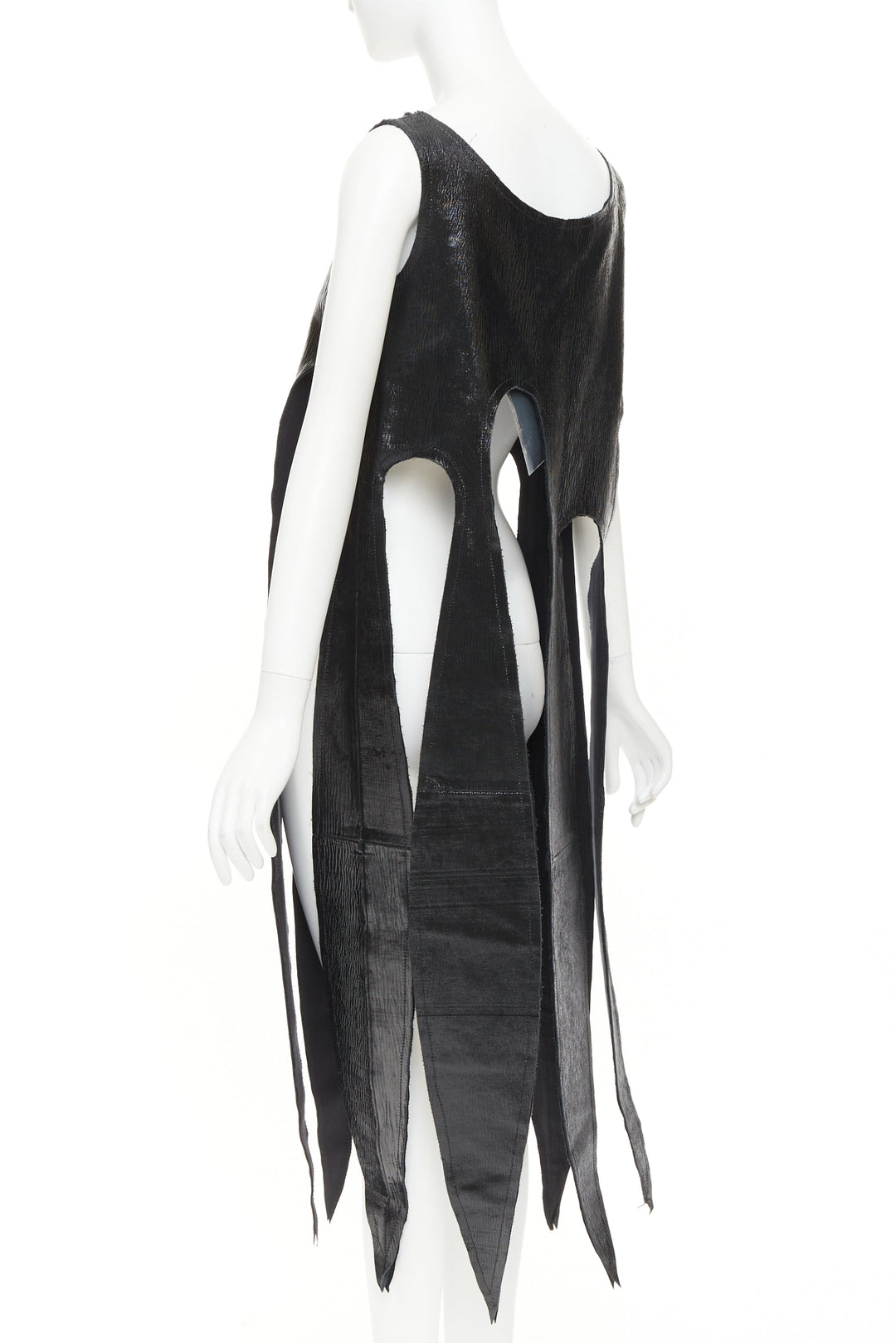 rare COMME DES GARCONS 2019 black textured cowhide leather fringed petal top XS