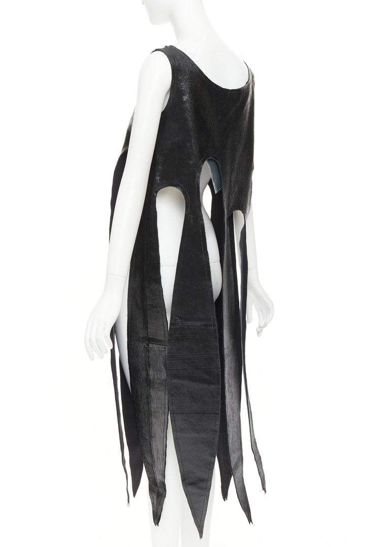 rare COMME DES GARCONS 2019 black textured cowhide leather fringed petal top XS