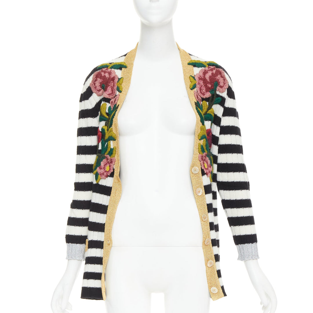 GUCCI Michele black white cashmere wool flower embroidered gold cardigan XXS