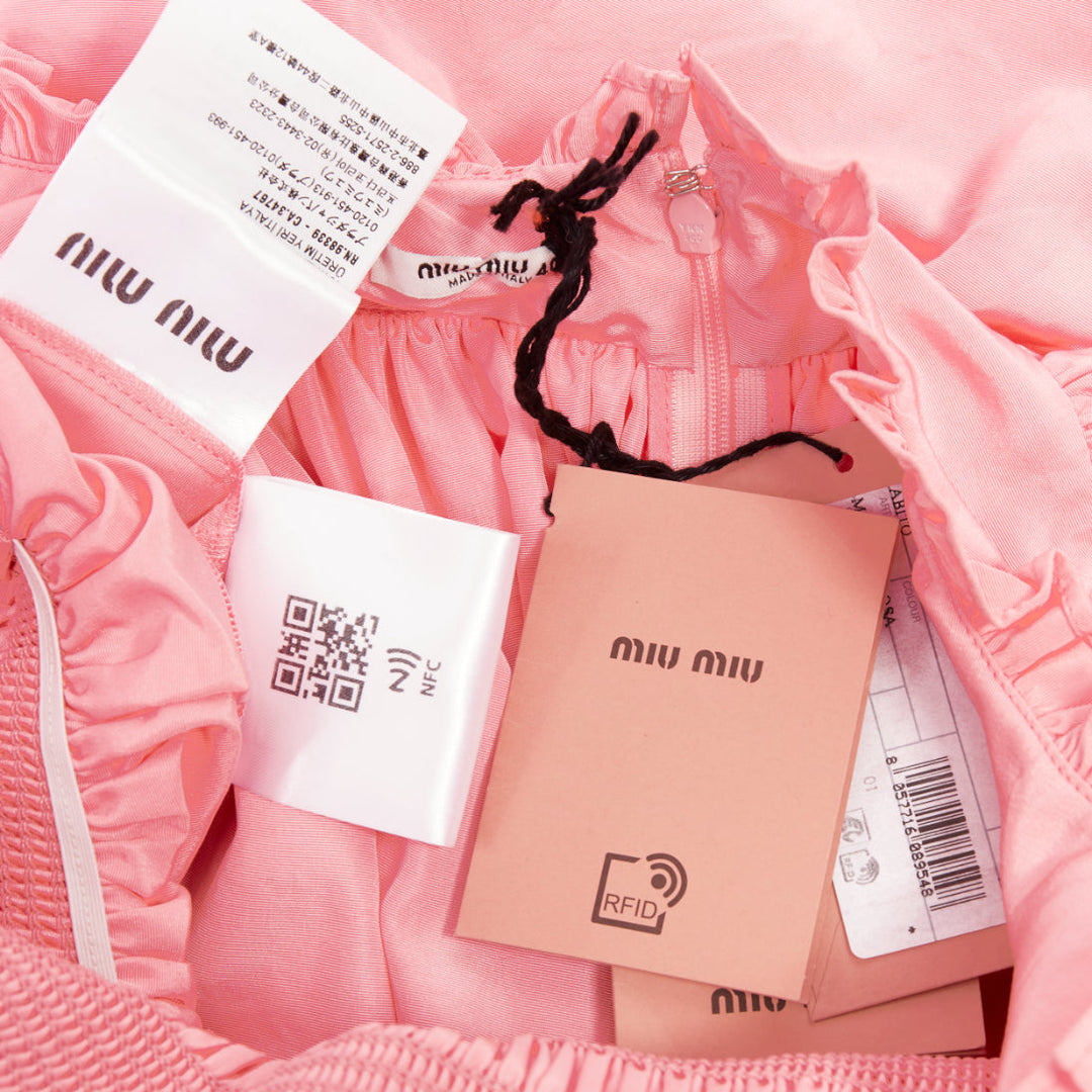 MIU MIU 2020 pink silk white flower embroidered smocked Cottage dress IT40 S