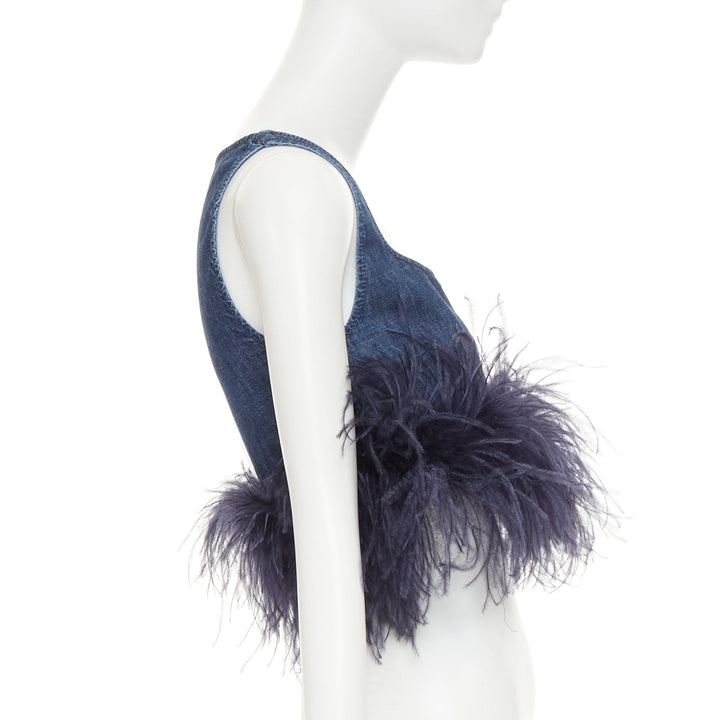 VALENTINO 2023 VGold blue denim purple turkey feather trimmed crop top IT38 XS
