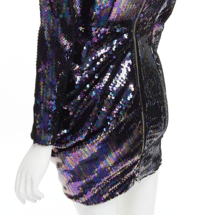 ALEX PERRY Iris petrol blue sequins shoulder padder draped mini dress UK6 S