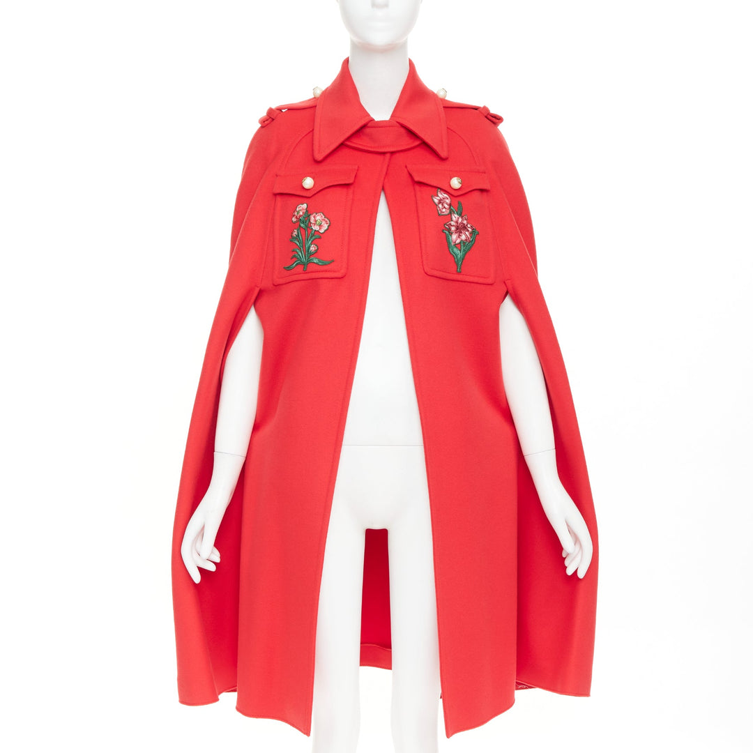 GUCCI 2016 Runwauy red wool birds flower embroidered  military cape coat IT38 XS