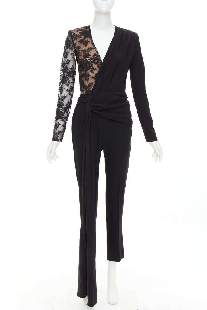 GIVENCHY black silk cotton blend intricate lace trim wrap jumpsuit FR36 S