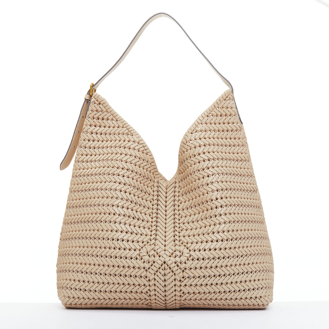 ANYA HINDMARCH Neeson Tassel Hobo beige capra leather fringe woven bag