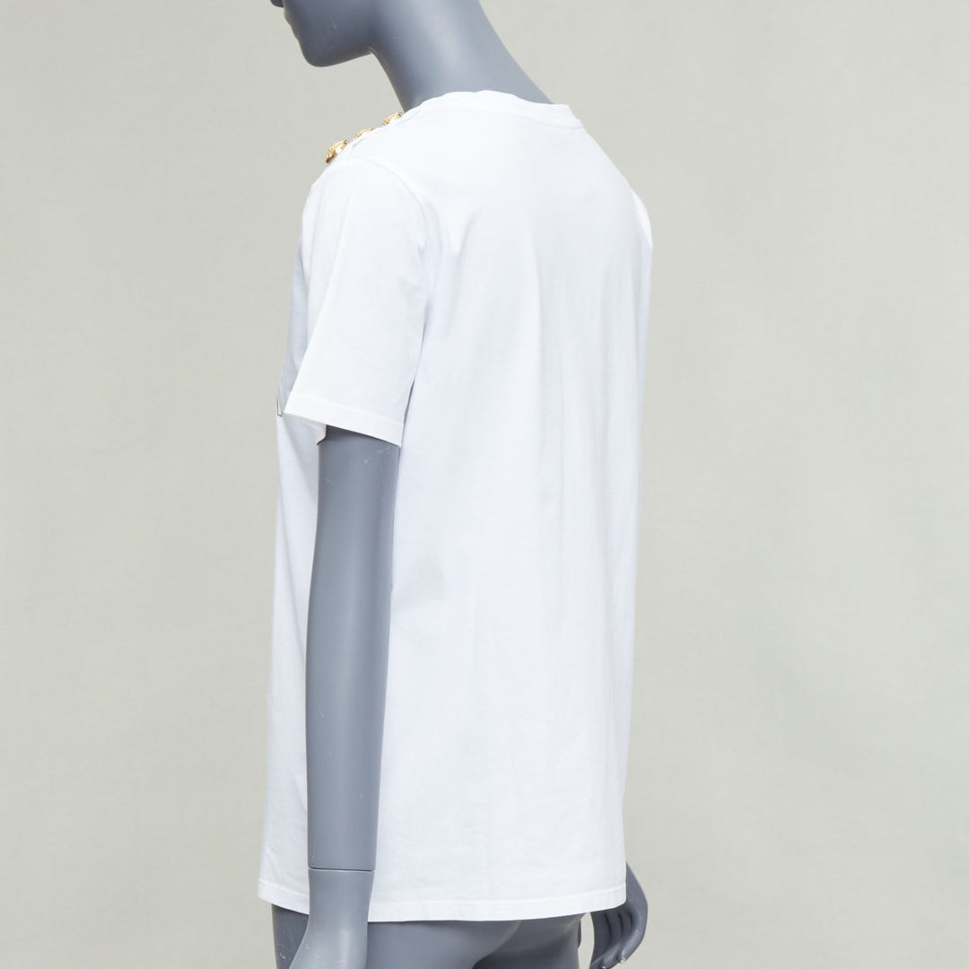 BALMAIN white metallic gold foil logo print button shoulder tshirt FR38 M