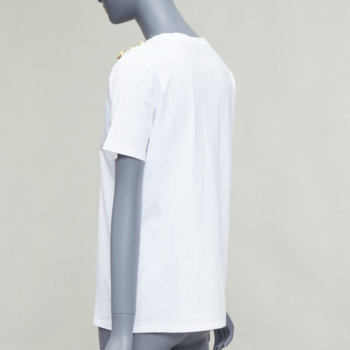 BALMAIN white metallic gold foil logo print button shoulder tshirt FR38 M