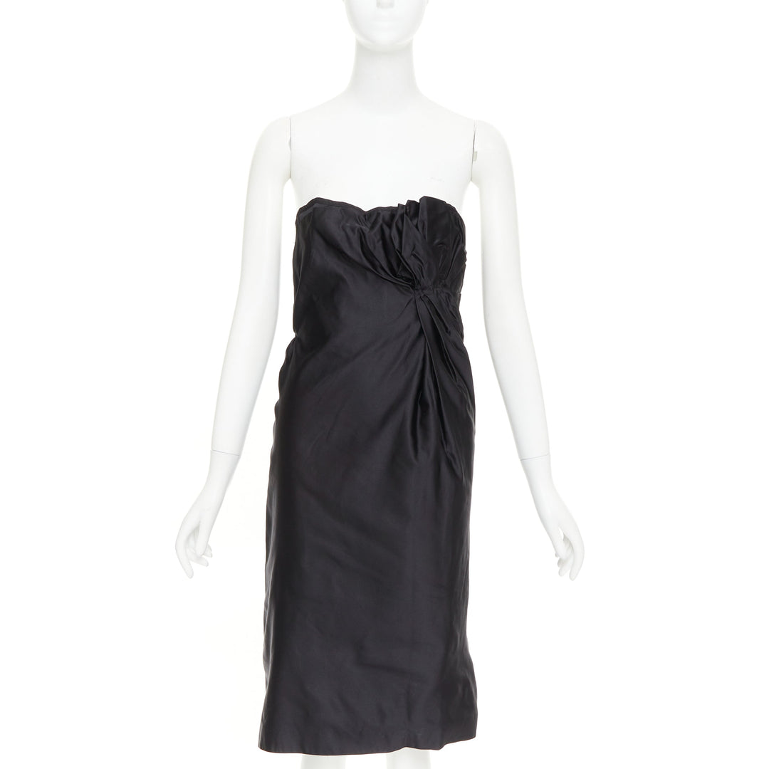 PRADA black silk asymmetric gathered drape corset lined strapless dress IT38 XS