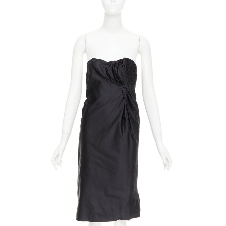PRADA black silk asymmetric gathered drape corset lined strapless dress IT38 XS