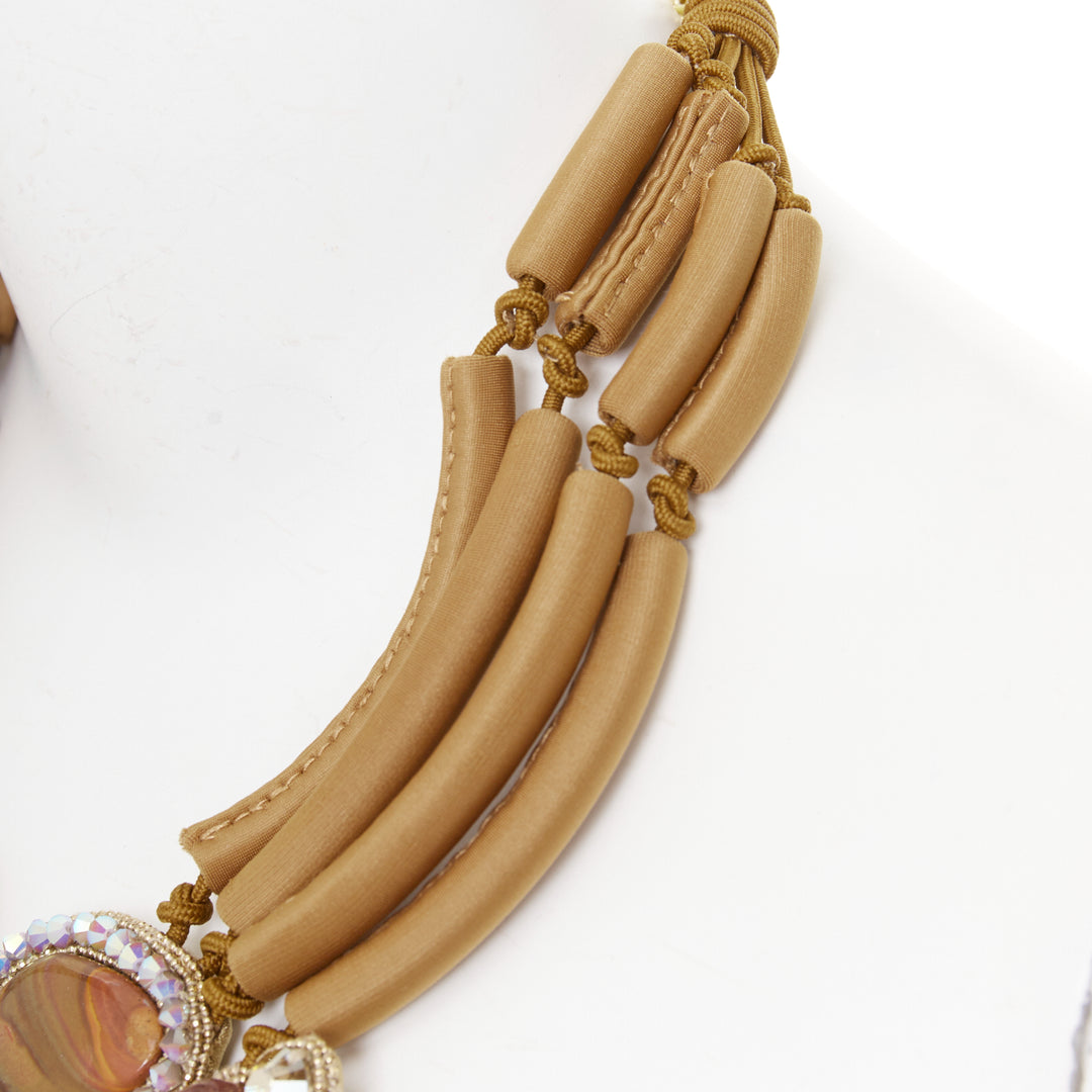 BEA VALDES Handcrafted Kittur  brown jasper stones crystal bugal bib necklace