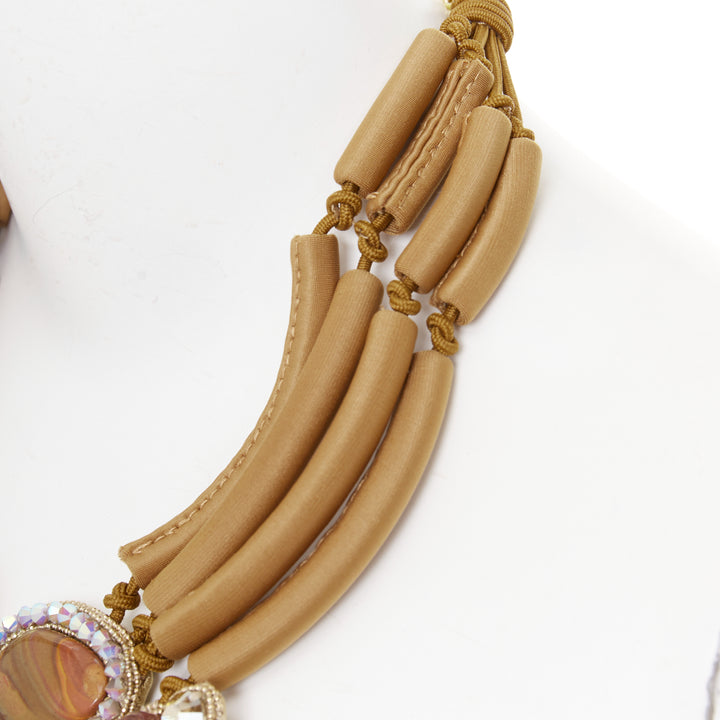 BEA VALDES Handcrafted Kittur  brown jasper stones crystal bugal bib necklace