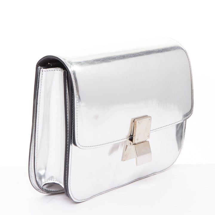 CELINE Classic Box silver mirrored leather push clasp crossbody messenger bag