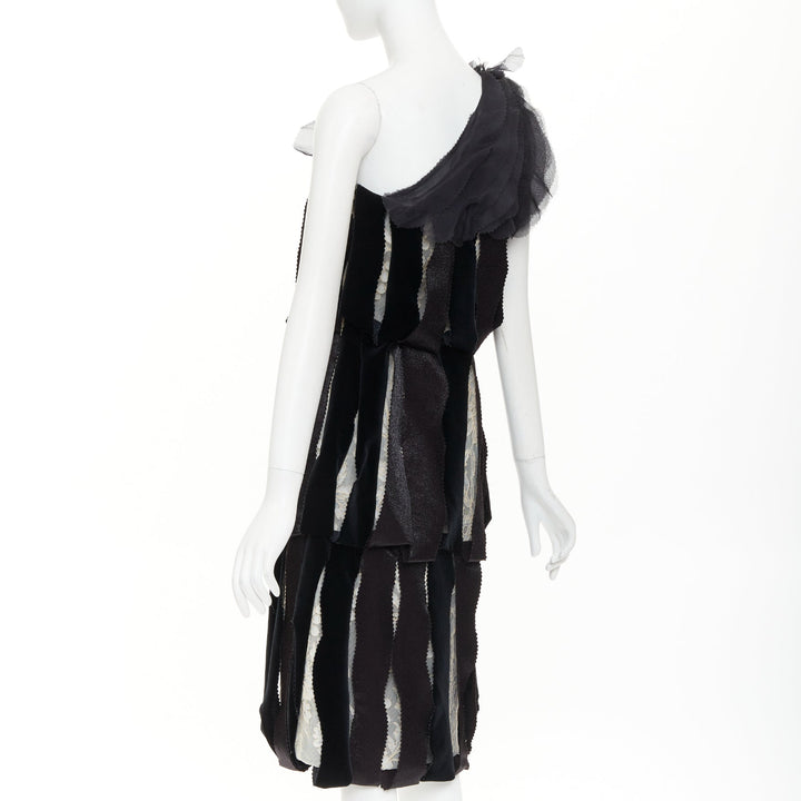 RODARTE 2007 Runway Vintage black velvet ribbon lace layered midi dress UK8 S