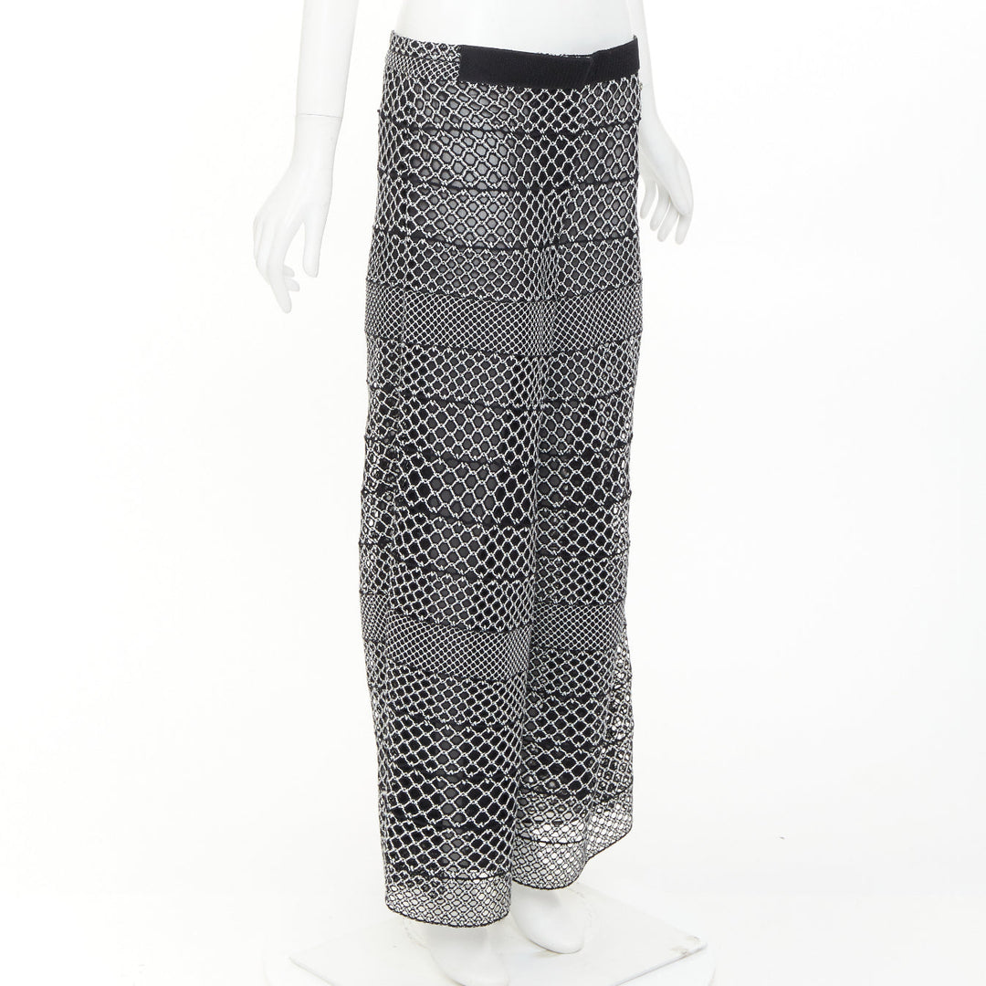 CHANEL black white geometric honeycomb guipure crochet knit wide pants FR42 XL