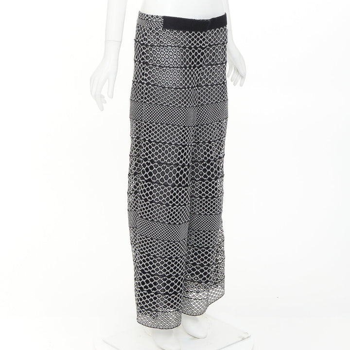 CHANEL black white geometric honeycomb guipure crochet knit wide pants FR42 XL