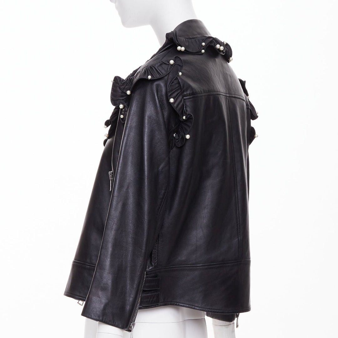 GUCCI 2016 black lambskin leather faux pearl ruffle collar biker jacket IT40 S