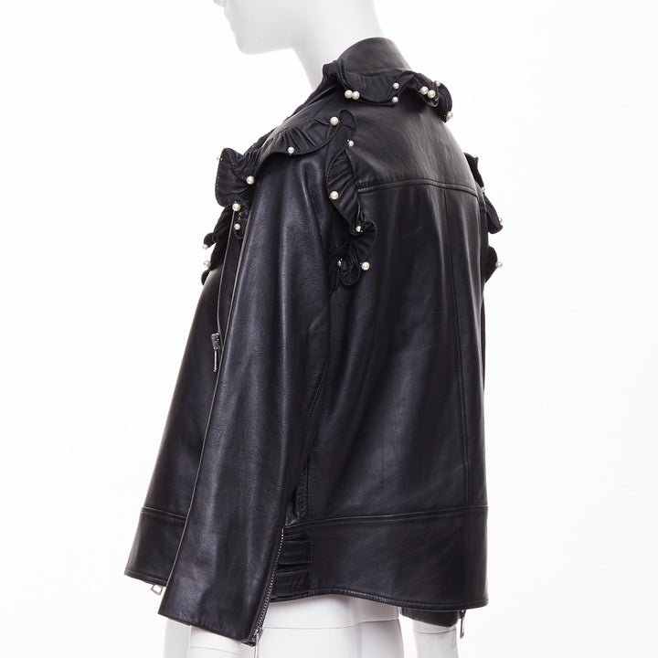 GUCCI 2016 black lambskin leather faux pearl ruffle collar biker jacket IT40 S